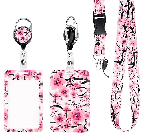 BKBKAAK Rosa Blumen-Schlüsselband mit Ausweishalter und einziehbarem Spulenclip, ästhetisches Schlüsselband für Mädchen, mit Ausweis, Namensschild, Halter für Schlüssel, Schule, Büro