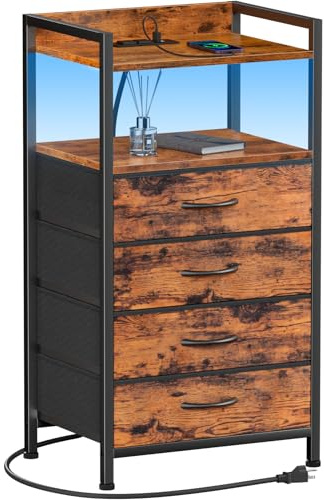 Furnulem Nachttisch mit Ladestation und LED-Licht, Kommode mit 4 Schubladen, für Schlafzimmer, kleiner Nachttisch, Nachttisch, Stoffbehälter, Metallrahmen, Holzregal, Beistellmöbel (Rustic Brown)