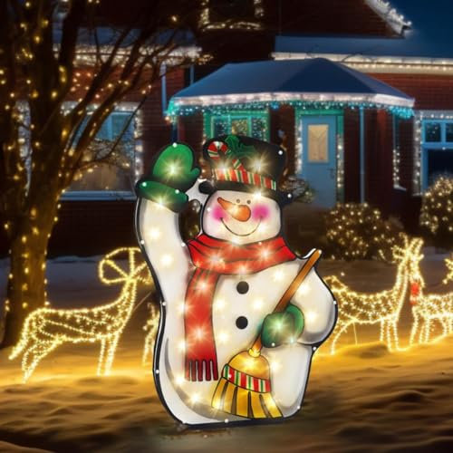 Double-Sided Christmas Lights LED Window Silhouette Home Indoor Outdoor Battery Operated Xmas Decoration Snowman with Broom