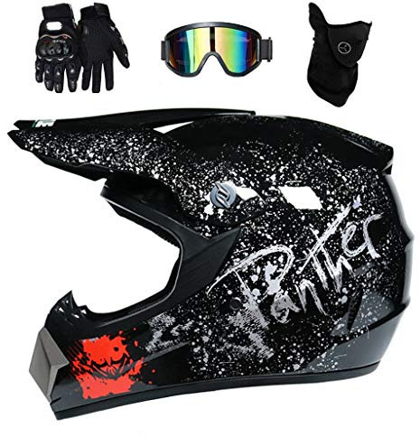 FASXZVM Casco Motocross Unisex Bambini e Ragazzi, Aerodinamico, Integrale, MTB, Moto, ATV, Scooter, Casco Gara di Enduro, con Occhiali Guanti Maschera, Nero, M