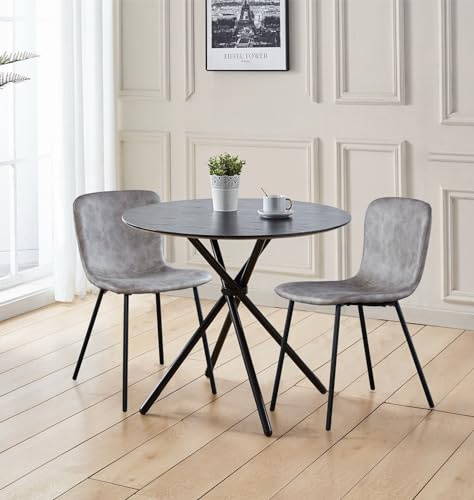Hallowood Furniture Cullompton 90cm Round Dining Table and Chairs Set 2 | Black Wood Effect Small Kitchen Table and Chairs Set 2 Upholstered in Taupe Faux Leather, Dining Room Sets for Home and Café