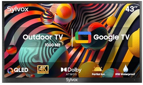 SYLVOX 43 Zoll Outdoor Fernseher, IP55 Wasserdicht Outdoor TV, Smart QLED Google TV, 4K UHD, Dolby Atmos, Support Google Assistant, Voice Assistant, 1000 nits Partial Sun Außenbereich TVS (2024 Model)