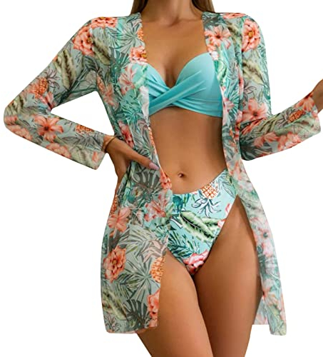 MKIUHNJ Swimsuit Women's Tummy Control 3-Piece Women High Waist Bikini 2024 Sexy 3-Piece Bikini Set Cover Up Swimsuit for Women Long Sleeve Push Up Beach Wear Swimsuit Bikini for Women Swimwear, J, XL