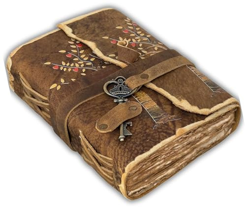 URBAN LEATHER Altmodish Notizbuch mit Ledereinband Lebensbaum Tagebuch, A5 | leder buch für erwachsene mit schloss retro hexen journaling zubehor lederbuch blanko vintage sternzeichen 20x15