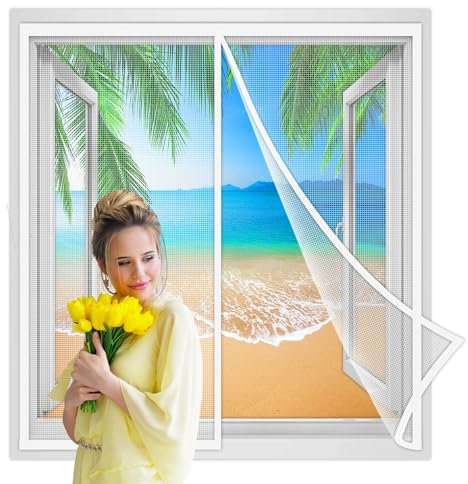 Mosquito Net Window Large 205x230cm Reinforced with Full Frame Hook & Loop Strip and Bottom Weight bar Prevents The Insect Keeping Out Flies White Reinforced
