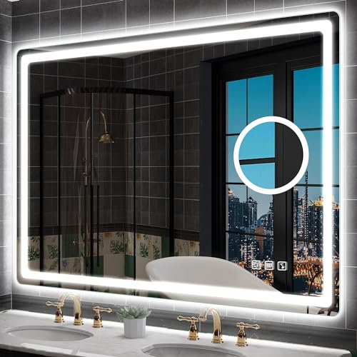 S'bagno Bluetooth Badezimmerspiegel mit Beleuchtung 100x70cm, Badspiegel mit Beleuchtung und 5fach-Lupe, Entfoggen, 3000K/4000K/6500K, Dimmbar, Speicher, HD-gehärtetes Glas, IP44 LED Badspiegel