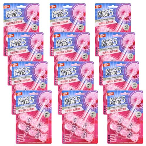 12 Pack Max Flush 5 Tropical Blossom Toilet Rim Block Cleaner (Twin Pack), Clear Water Toilet Rim Block with Anti-Limescale, Cleaning Foam, Dirt Protection and Extra Freshness