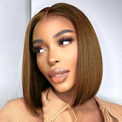 Perruque Femme Naturelle Brésilien Light Brown Pre Cut Lace Glueless Wig Human Hair, Perruque Cheveux Humain Sans Colle 180% Densité 4x4 Straight Bob Lace Wig Human Hair For Black Women 12 Pouces
