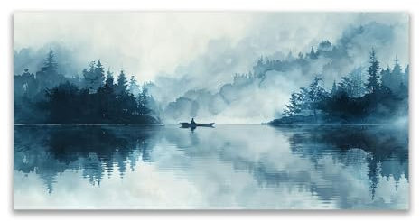 JOSUE Cuadro Paisaje Grande Lago de pintura de tinta Cuadros Infantiles Lienzo,Azul,gris Cuadro Decorativos Sala Comedor Oficina-80x160cm Sin marco