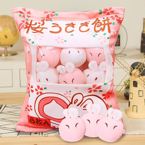 MeHoo Katze Plüsch Kissen, Pudding Peluche, Kätzchen Pudding Kissen, SnackKissen Kuscheltier, Reißverschluss Design, Abnehmbar, Gefüllt mit kleinen Puppen Innen (Kaninchen)