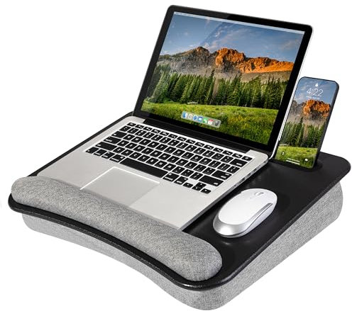 LAPGEAR Tragbarer Laptop-Schreibtisch mit Kissenkissen, Anti-Rutsch-Streifen, Tablet- oder Handy-Aufbewahrungsfach, Stift- und Bleistifttasche und Handgelenkauflage, Schwarz, passend für Laptops bis