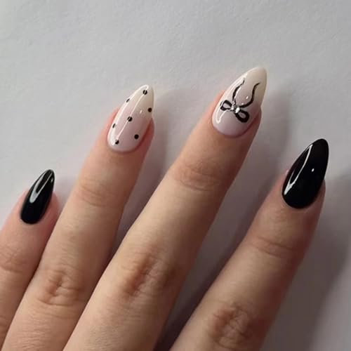 Ceboic 24 Pièces Faux Ongle Amande Moyen, Français Noir Blanc Ongles à Coller, Ballerine Press on Nails Artificiels Couverture Complète Capsules Ongles Naturel pour Femmes et Filles -Dégradé Nude