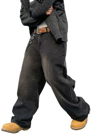 Zewool Herren Baggy Hip Hop Jeans Weite Beinform Skater Jeans Lässige Lockere Passform Denim-Hosen Streetwear Gerade Entspannte Passform Y2K Extreme Bewegungsfreiheit Skateboard,A10 Schwarz,L