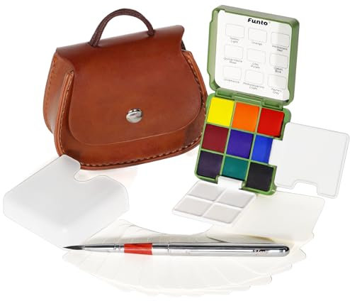 Funto Pocket Watercolor Paint Set, Travel Paint Kit, avedc 9 couleurs, sac en cuir à bandoulière, gobelet à eau pour peinture, pinceau en nylon, sac à poussière, 2 palettes