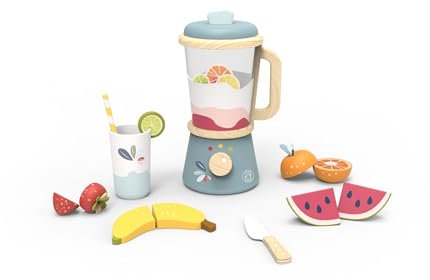 Speedy Monkey Wooden Toy Blender - Includes Wooden Lid, Knife, Cup, Straw & Fruit Pieces | Play Kitchen Accessories for Boys & Girls Toys | Kids Toy Kitchen | Play Kitchen | Play Food | Toddler Toys