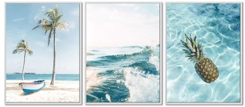 Gerahmte Ozean-Wandkunst, Strandbilder, Leinwand-Wanddekoration, 3-teilig, modernes Küstenlandschaft-Kunstwerk, fertig zum Aufhängen, für Heimdekoration, 30,5 x 40,9 cm