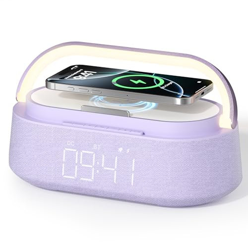 FREEFISH Bluetooth Speaker with Wireless Charger, FM Radio, Adjustable LED Night Light, Dual Wireless Speakers, 15W Wireless Charging, Bluetooth 5.0 (Purple)