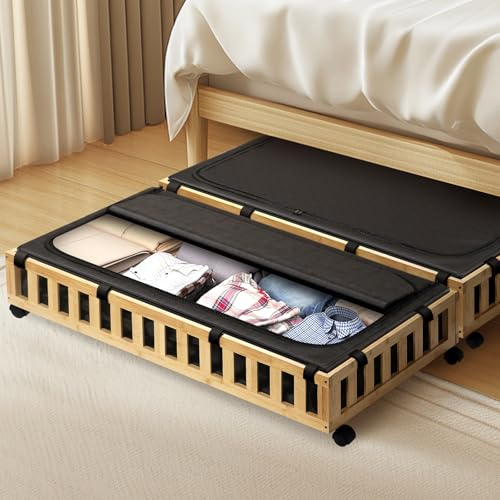 Gashell 2er-Pack Bambus-Aufbewahrungsboxen unter dem Bett mit Rädern, 99,1 x 50,8 x 19,8 cm Aufbewahrungsbehälter unter dem Bett (Natur)