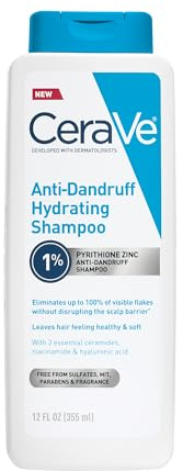 CeraVe Hydrating Anti Dandruff Shampoo, 1% Pyrithione Zinc Dandruff Treatment With Ceramides, Niacinamide & Hyaluronic Acid, Helps Eliminate Flakes & Provides Itchy Scalp Relief, Sulfate Free, 12 Oz