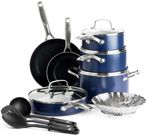 ASumPio 14-Teiliges Kochgeschirr-Set Mit Töpfen Und Pfannen, Mit Diamanten Besetzte Keramik, Antihaftbeschichtet, Langlebiges Metall, Sicher Für Utensilien, 14-Teilig, Eins,14 Piece-ONE