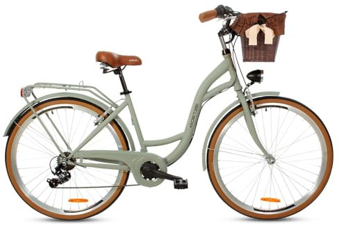 Goetze Mood 28 Zoll Damen Citybike, 18 Zoll Tiefeinsteiger Stahlrahmen, 7-Gang Kettenschaltung, doppelte V-Bremsen, LED-Beleuchtung, Rattankorb, Komfortsattel, mit Seitenständer & Klingel