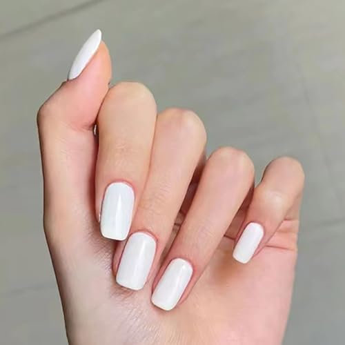 White False Nails - 24pcs Square Press on Nails - Short Pure White False Nails with Glue - Glossy Full Cover Long Lasting Stick on Nails - Removable DIY Nail Art Gifts for Women Girls