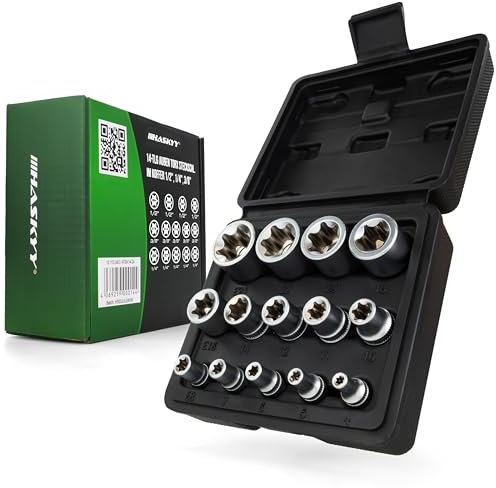 HASKYY Juego de 14 llaves de vaso Torx con perfil E, para exteriores, E4-E24, 1/4, 3/8, 1/2 pulgadas, cuadrado interior