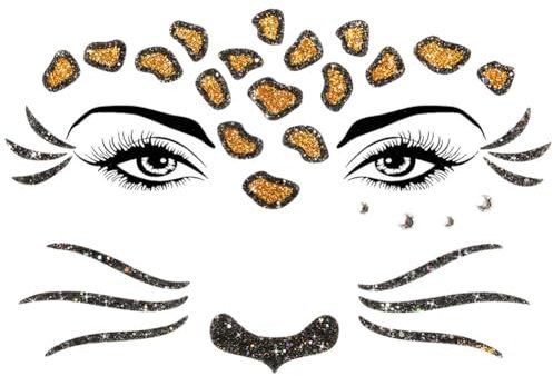 Alaoo Gesichtstattoo Karneval, Face Art Sticker Leoparden, Temporäre Tattoos, Tattoo Gesicht, Glitzersteine Gesicht Schminke, Ablösbare Glitzer Gesicht Aufkleber für Halloween, Motto Party
