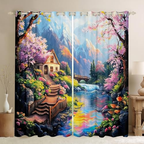 feelingyou Japanese Ukiyoe Window Curtains Camping Dreamy Scenery Window Treatments Cherry Trees Fuji Mountain Curtains for Bedroom Decor Rustic Cabin Darkening Drapes,Top 2 Panel,46Wx54L inch