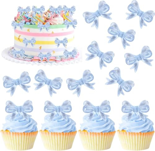 30 Stück Schleife Cupcake Toppers Schleifen Knoten Acryl Kuchen Deko Fliege Tortendeko für Hochzeit Braut Dusche Thema rosa Mädchen Geburtstag Party Cupcake Dekorationen Blau