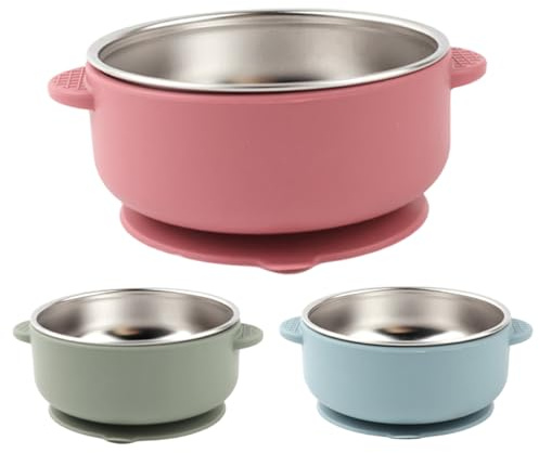 3Pcs Baby Bowls with Suction, Stainless Steel Toddler Bowls with Removable Silicone Sleeve, Heat Resistant & Drop-Proof Baby Essentials