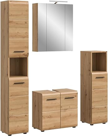 xonox.home – 4 TLG. Badmöbel-Kombination Ice 150x185x30 cm in Korpus und Front Artisan Oak Nachbildung – Elegantes Badmöbel-Set – platzsparend, funktional & zeitlos im Design