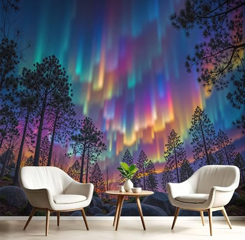 Fototapete 3D Effekt Regenbogen Wald Tapete Psychedelisch Nordlichter Tapeten Vliestapete Modern Wandtapete Wohnzimmer Wanddeko Motivtapeten 450×300cm(W×H)