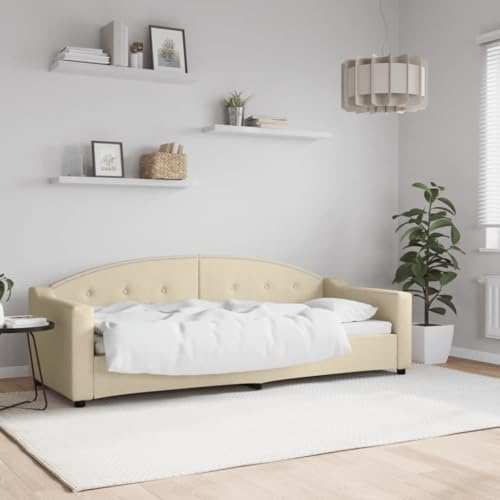 Runheo Tagesbett Creme 80x200 cm Stoff, Modernes Schlafsofa mit Metall Massivholz Gestell, Vielseitiges Einzelbett für Gästezimmer, Atmungsaktiver Bezug, Bequemes Polster, Langlebig