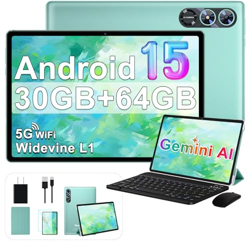 2026 Android 15 Tablet, 10 Inch Tablets with Gemini AI, 30GB+64GB+1TB Expand, 2-in-1 Octa-Core Electronics Tablets with Keyboard, Mouse, 5G WiFi, 6000mAh, GPS, Widevine L1, Split Screen -Turquoise