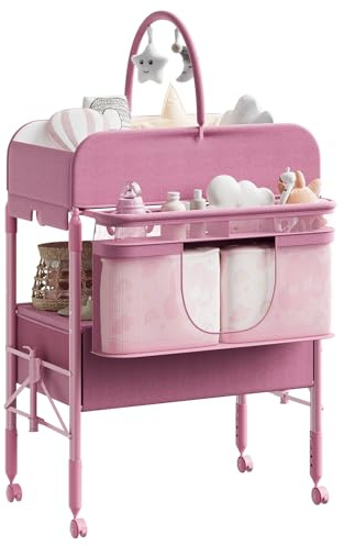 Table à Langer Pliable Bébé Avec 2 Tiroirs Hauteur Réglable | Matelas Imperméable, Rangement, Tringle à Vêtements, Roulettes Verrouillables