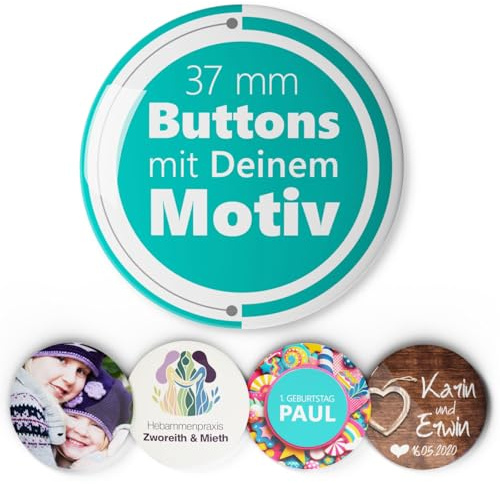 Individuelle Buttons selbst gestalten – Personalisierte Button Anstecker mit eigenem Foto, Logo oder Text – Werbebuttons für Hochzeit, JGA, Event, Firma & Verein