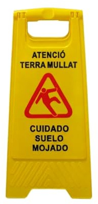 Señal de Suelo Mojado Plegable Amarilla | Cartel de Seguridad Antideslizante de Polipropileno | Aviso Piso Mojado en Castellano, Inglés y Catalán | Uso Profesional (Català/Castellano)
