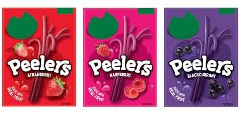 Peelers Fruit Peeler Sweets, Strawberry, Raspberry and Blackcurrant Flavours, Vegan, No Added Sugar, Gluten Free,Pack Of 3 x 5x10g