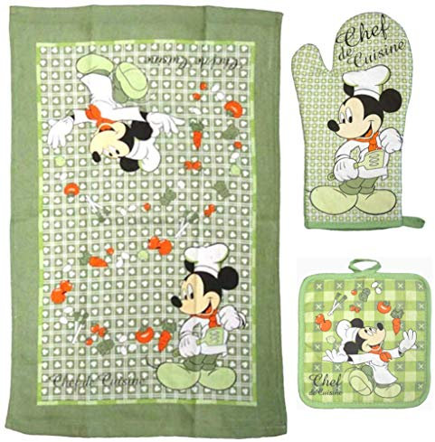 Disney Oven Mitt Pot Holder & Dish Towel 3 pc Kitchen Set (Mickey Mouse Green)