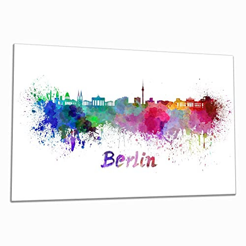 Wallario Herdabdeckplatte/Spritzschutz aus Glas, 1-teilig, 80x52cm, für Ceran- und Induktionsherde, Städte als Aquarell - Skyline von Berlin