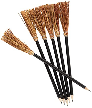 MENDI Set de 6 Lápices de Madera con Mini Escoba de Bruja (24 cm) - Ideal para Regalo, Decoración, Cumpleaños, Comunión, Halloween, Eventos y Fiestas de Fantasía