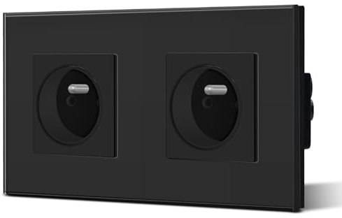 BSEED Prise Murale Prises de courant Alternatif 2 Gang Cadre en Verre Trempé Norme Française 16 Amp 240V 157mm Noir