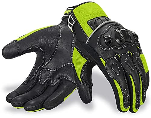 Oro Biker Motorbike Motorcycle Gloves, Premium Leather and Summer Mesh Hard Knuckle Touch Screen Motorbike Gloves Racing ATV Riding Gloves for Men (Medium, Black/Fluorescent Green)