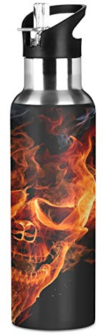 Xigua Ascent Bouteille d'eau 600 ml avec couvercle en paille anti-fuite, flamme de tête de mort en acier inoxydable, isolation sous vide, tasse de sport, voyage et tasse à café