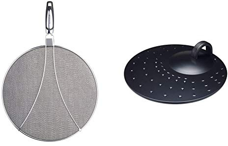 MasterClass Splatter Guard, Stainless Steel, Odour-Resistant, 33 cm (13) & KitchenCraft Frying Pan Splatter Guard Lid with Handle, Metal Pan Lid, Dishwasher-Safe 31 cm (12''), Black