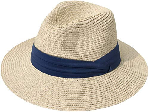 DRESHOW Women Straw Panama Fedora Beach Sun Hat - Wide Brim Straw Roll Up Hat UPF 50+