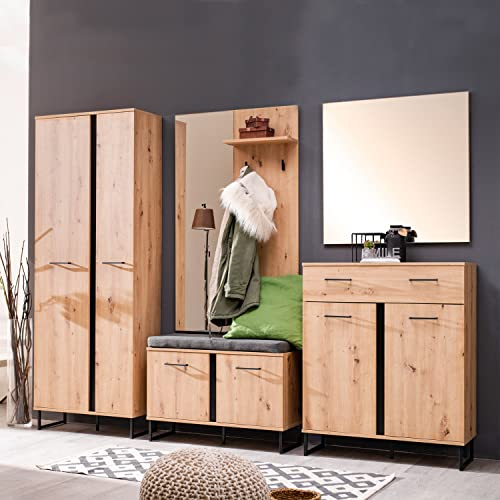 Homestyle4u 2209 Garderobenset 5-teilig Komplettset Holz Eiche Grau Flurgarderobe Sitzbank Garderobenmöbel Flurmöbel Set