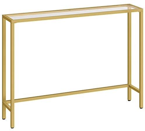 HOOBRO Gold Console Table for Hallway Slim, 100 cm Tempered Glass Sofa Table, Slim Hallway Table, Glass Console Table, Modern Display Table for Living Room, Entryway, Metal Frame, EGD01XG01