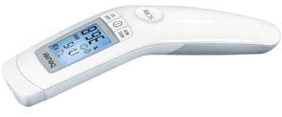 Beurer FT 90 kontaktloses digitales Infrarot-Fieberthermometer, 1 Stück & HM 16 Thermo-Hygrometer, Raumklimakontrolle mittels Temperaturanzeige und Luftfeuchtigkeit, Smiley-Anzeige, Silber | 1er Pack